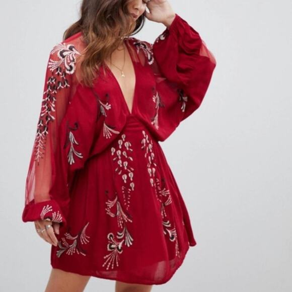 Free People Dresses & Skirts - Free People Bonjour Embroidered Red Mesh Small Dress